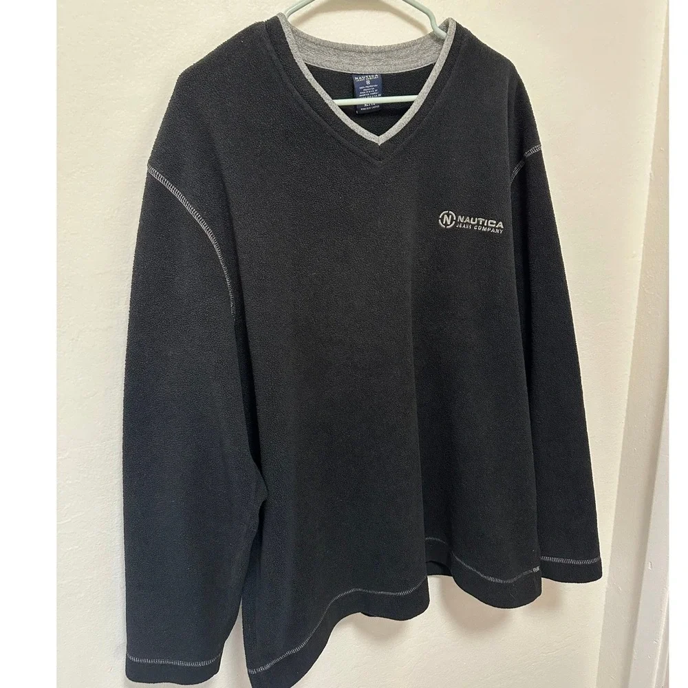 Nautica Jeans Company Vintage Men's‎ Black Fleece V-Neck Pullover Sweater XL